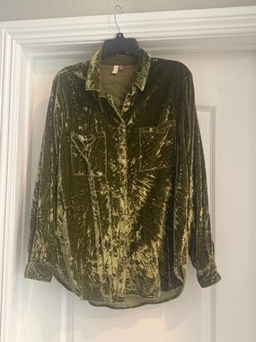 Pilcro Olive Green Velvet Button-Down Blouse